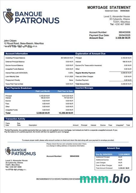 Mauritius Banque Patronus Limitée wyciąg z kredytu hipotecznego szablon Word i PDF